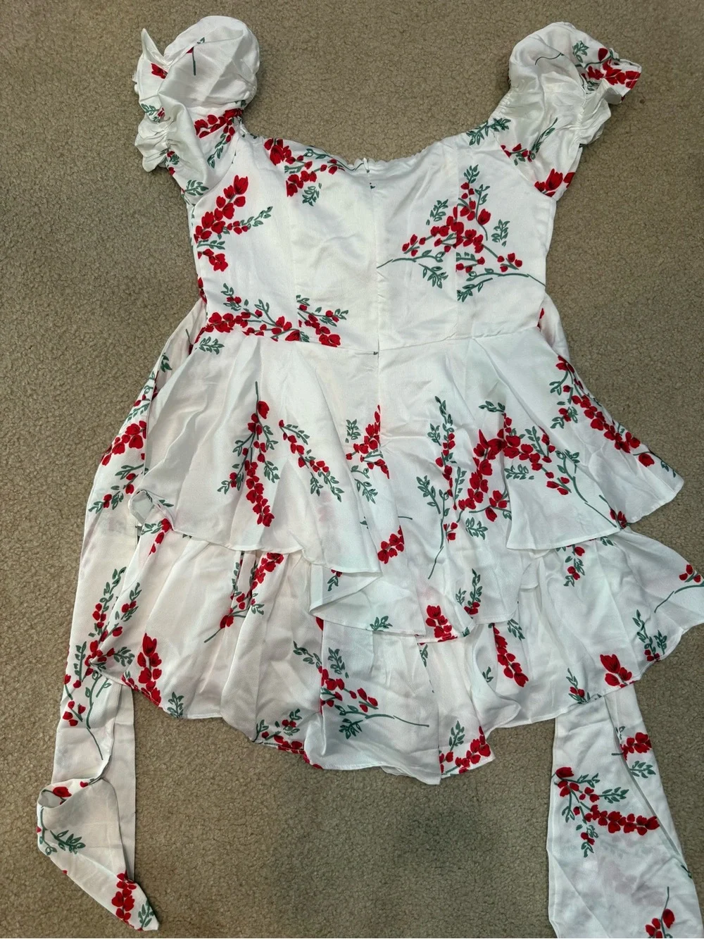 Angel Biba White Dress with Red Floral Print and Green Leaves